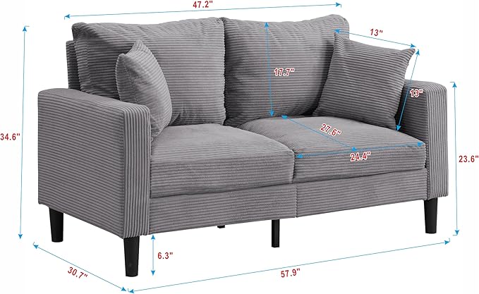 Corduroy Loveseat Sofa 2-Seater with Metal Legs Modern 57'' Compact Couch for Small SpacesMini Couches for Living Room/Apartment/Dorm/OfficeSettee (Corduroy Light Gray)
