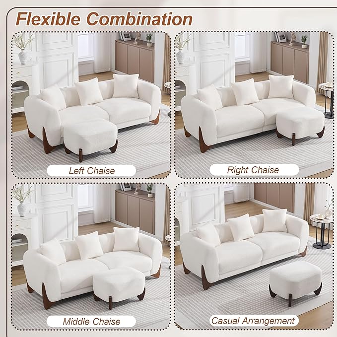28.7 Sherpa Boucle Ottoman with Solid Wood Legs Modern Upholstered Footstool Comfy Ottoman for Living Room Bedroom White