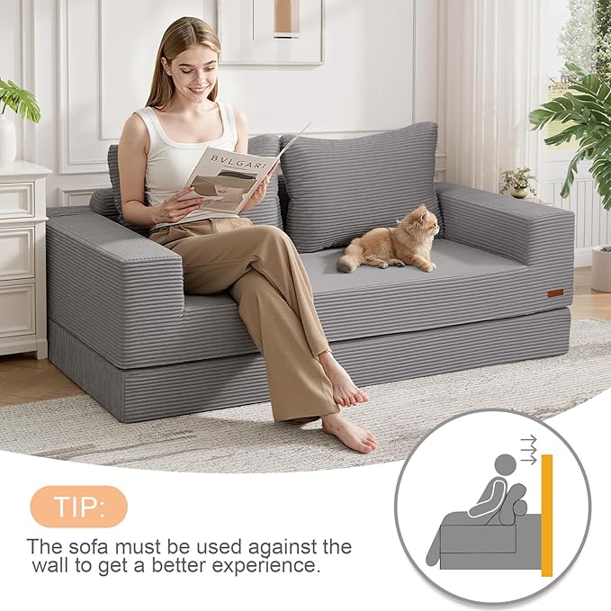 COMAX Convertible Sofa Bed Queen Corduroy Folding Floor Couch Pull Out Couch Bed Futon Sleeper with Pillows Fold Out Boneless Sofa Comfy Lounge Mattress Loveseat for Living Room Bedroom Light Grey