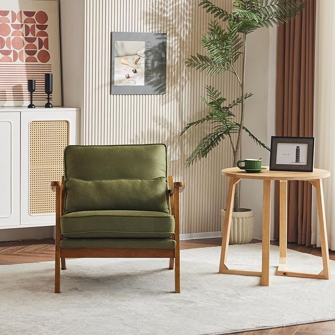 Karl home Accent Chair Wide Armrest Mid-Century Lounge Chair Linen Fabric Armchair with Lumbar Pillow &amp Solid Wood Frame for Living Room Bedroom Balcony Green