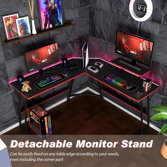 51 inch L Shaped Gaming Desk Computer Desk for Bedroom Black L shaped Desk for GamingHome Office Desks with Detachable Monitor Stand Corner Desk for Small PlaceLargeCarbon FiberBlack desk