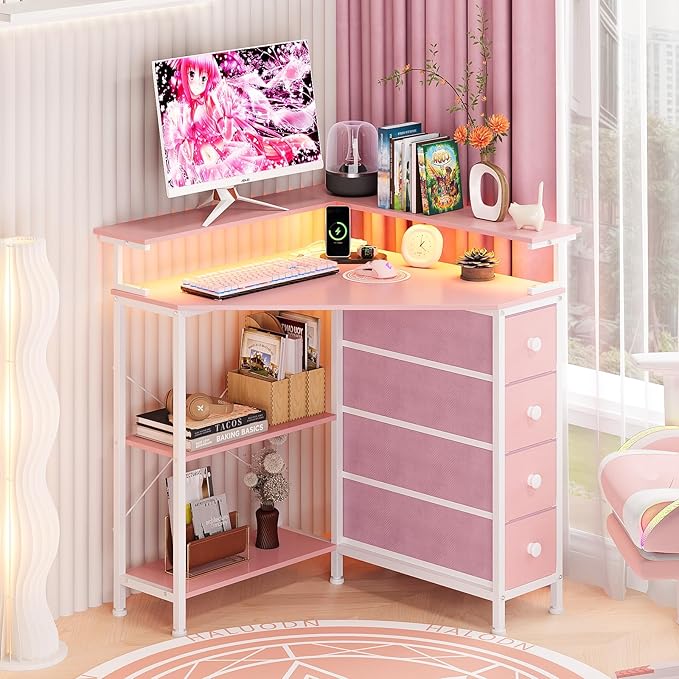 Corner Desk with Drawers Shelves for Small Space 90 Degrees Triangle Computer Desk with Power OutletsGaming Desk with LED Lights Monitor Stand for Home Office Workstation Writing Table (Pink)