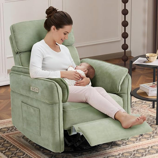 MELLCOM Power Recliner Rocking Chair Nursery Gliders with Adjustable Armrests and Headrest Swivel Electric Glider Reclining Nursing Chair with USB Port and Storage Bags FSC Certified(Fabric Green)