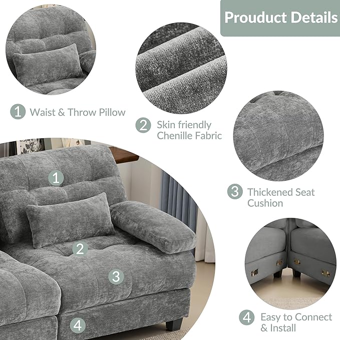 119'' Modular Sectional Cloud Couch with 2 OttomanDeep Seat Sleeper Sofa U Shaped Sectional CouchConvertible Upholstered Comfy Chenille Sectional Sofa for Living RoomBedroom(Grey)