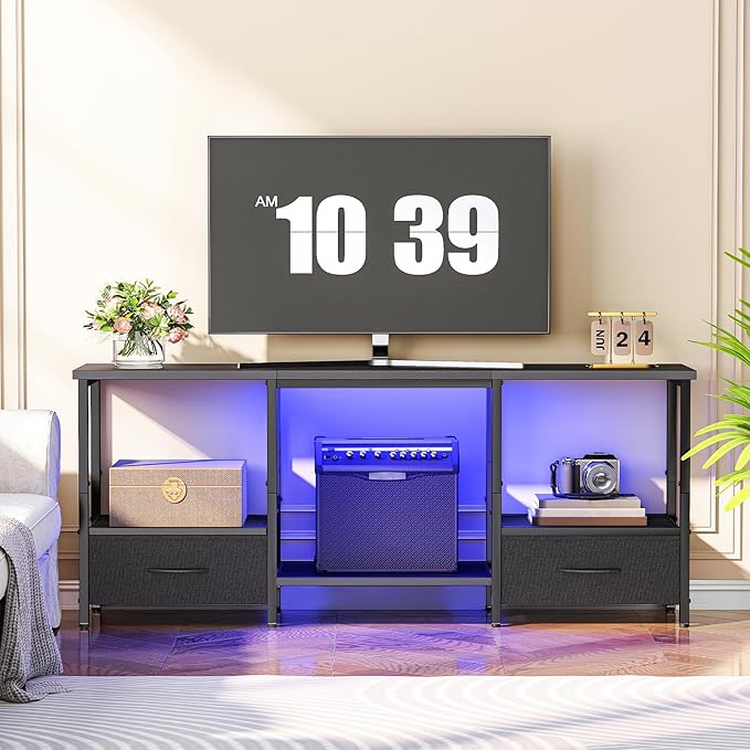 HOOBRO LED TV Stand with Storage LED Entertainment Center with Open Shelves and Drawer Fits TVs up to 55 Television Stand for Living Room Bedroom Black BB123DDS01G1