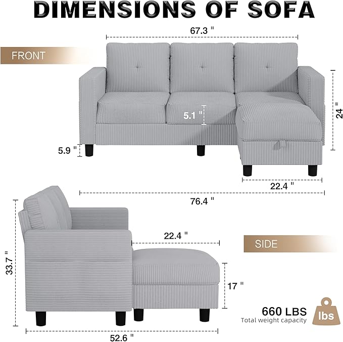 JAMFLY Convertible L-Shaped Sectional Sofa with Reversible Storage Ottoman 3-Seat Couch with Side Pockets Modern Compact Furniture for Small Apartments Studios &amp Lofts Light Grey