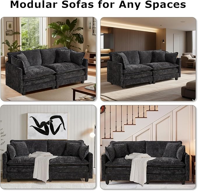 SoarFlash 113.78 Chenille Sectional Sofa Comfy L Shaped Modular Coush Sofa with Ottoman Modern 4 Seat Couch Deep Seat Sofa Set for Living RoomBlack