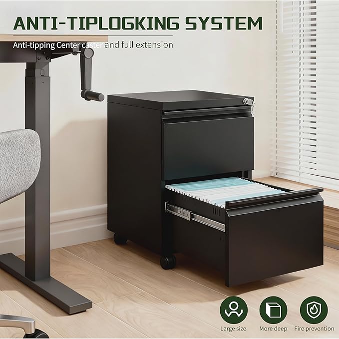 2 Drawer File Cabinet with LockRolling Filing Cabinet with Wheels for Home OfficeUnder Desk Metal File CabinetOffice Storage OrganizerBlack