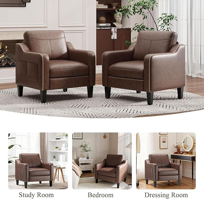 PU Leather Accent Chair Mid-Century Modern Living Room Armchair Sofa with Removable Cushions Solid Wood Frame &amp Stitched Armrest Design Bedroom Chair with Plastic Legs Chocolate Brown