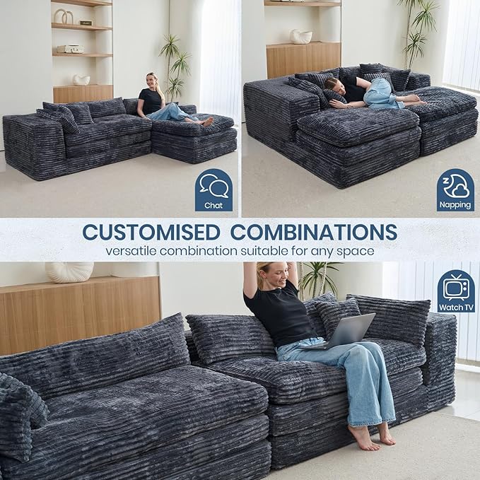 Belffin Plush Corduroy Boneless Cloud Couch with Deep Seat Convertible Sleeper Sofa Bed Cloud Boneless Sectional Couch No Assembly Required. Grey Sofa