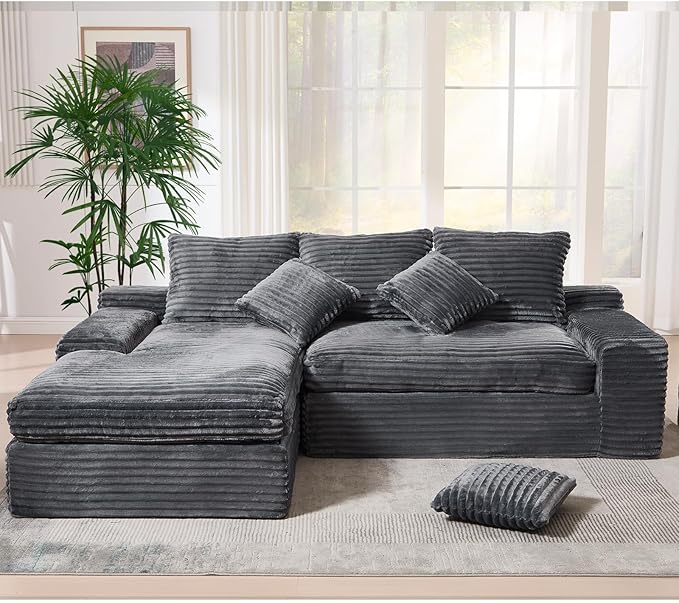 Modern Cloud Sectional Couch with L-Shape Chaise Modular Boneless Sofa with Deep Seat Comfy Plush Upholstered Couches for Living Room Apartment No Assembly Required Grey (Corduroy)