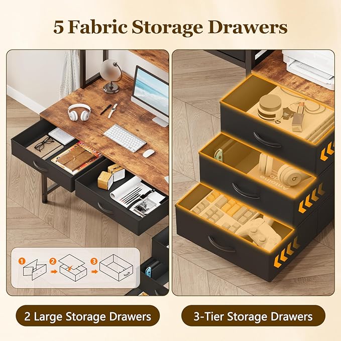 Reversible Computer Desk with Hutch Home Office Desk with 5 Drawers and Bookshelf 52'' Study Writing Desk with Storage Shelves for Bedroom Home Office Rustic Brown