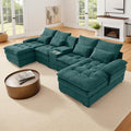 130 U-Shaped Modular Sectional Sofa Oversized Cloud Couches with Storage Console &amp Cup Holders Linen Sofa with Chaise/Pillows 6-Seater Deep Seat Couches for Living Room (Green) | Breathable ma