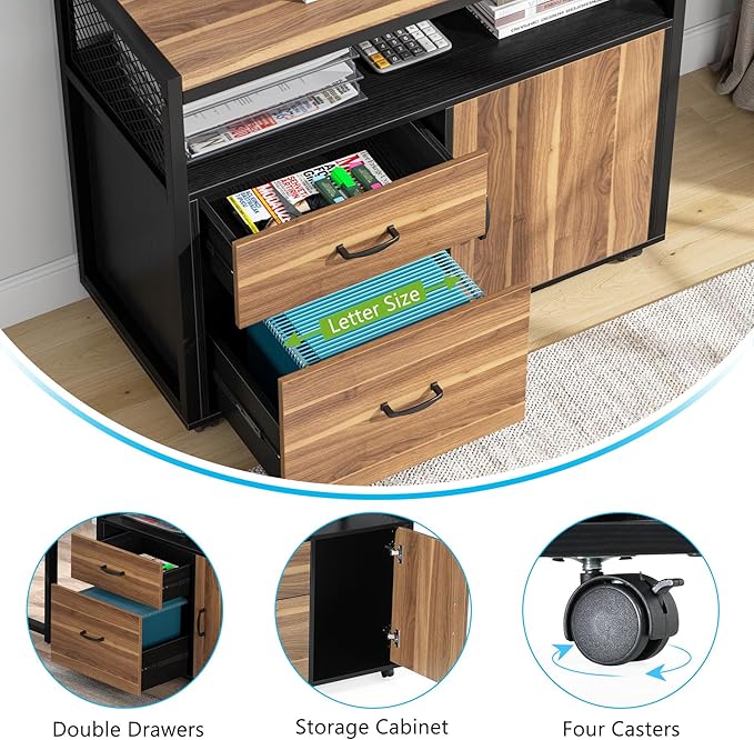 Tribesigns Modern File Cabinet with Drawers for Letter-Size Lockable lateral Filing Cabinet Printer Stand with Door&amp Caster for Home Office.Desk Not Included