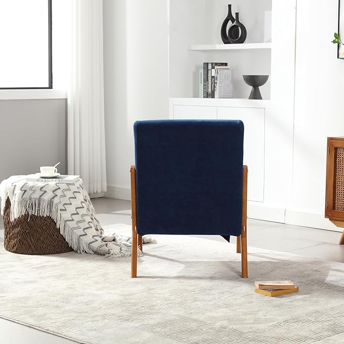 Modern Accent Chair Solid Wood Padding Lounge Armchairs with One Pillow for Living Room Bedroom Guest Room (Navy)