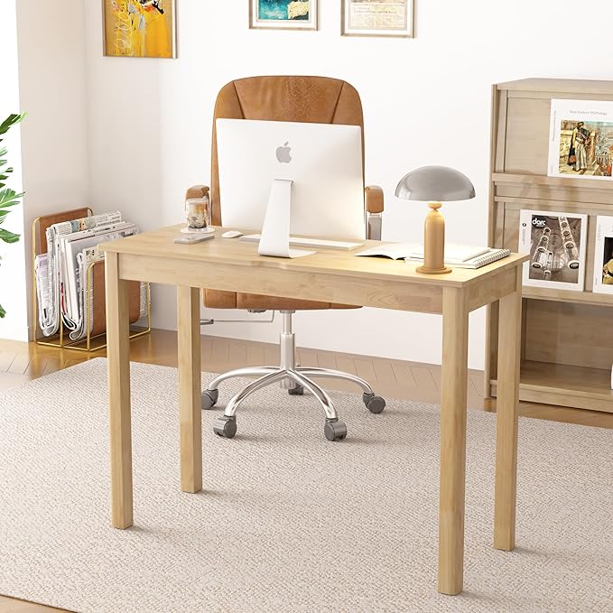 Solid Wood Desk with Drawers - 39 x 16 Inch Boho Narrow Desks Mid Century Modern Desks Rubber Wood Study Table Small Writing Desk for Bedroom|Small Spaces Natural