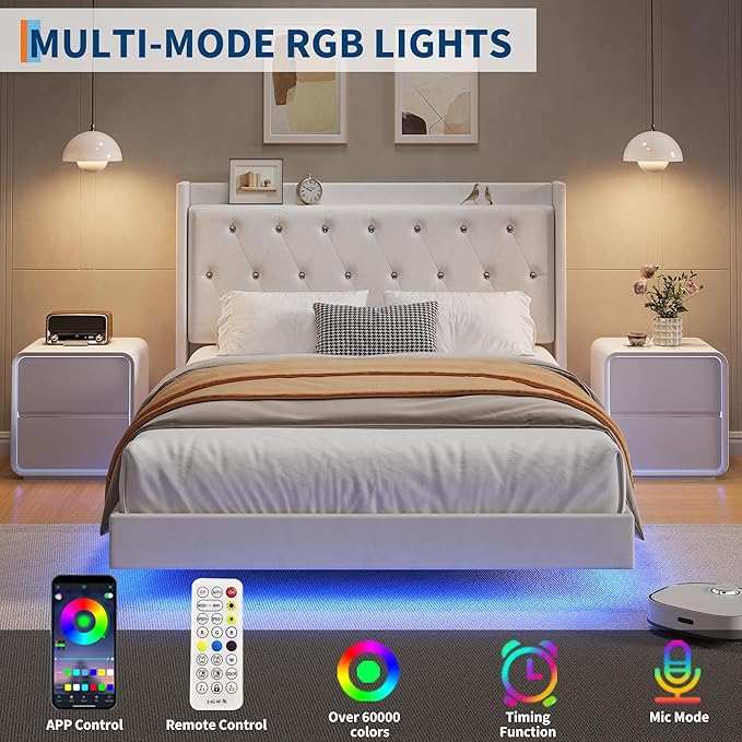IDEALHOUSE Queen Size Bed Frame with LED Lights Floating Platform Bed with Velvet Upholstered Storage Headboard No Box Spring Needed Noise Free Easy Assembly