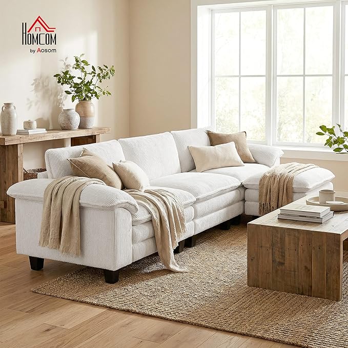HOMCOM Modular Sectional Sofa Couch 124 Oversized L Shape Sectional Cloud Couch with Deep Seat Movable Ottoman and Pillow-top Armrests for Living Room Bedroom and Apartment Beige | Deep seat