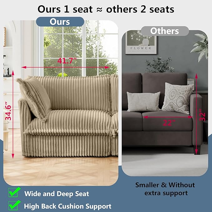 Aoowow Oversized Modular Sectional Sofa Chair 49” Corduroy Fabric Single Armchair Comfy Deep Seat Couch Sofa with Big Toss Pillows for Living Room Apartment Office(Camel-Corduroy)
