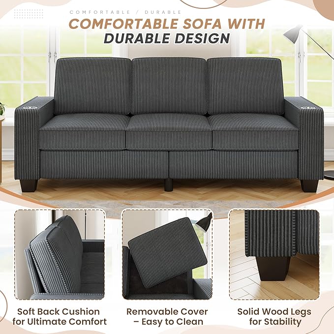 83.86 Corduroy 3-Seater Sofa with Extra Deep Seat Modern Cloud Couch with 2 Cup Holders Comfy Upholstered Sofa for Living Room Apartment &amp Office Grey