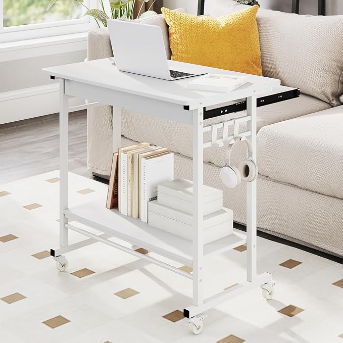 Giantex Rolling Computer Desk Mobile Portable Desk with Keyboard Tray &amp Wheels Laptop PC Table Cart with Shelf &amp Hooks Industrial Small Desk for Small Spaces Home Office Bedroom White