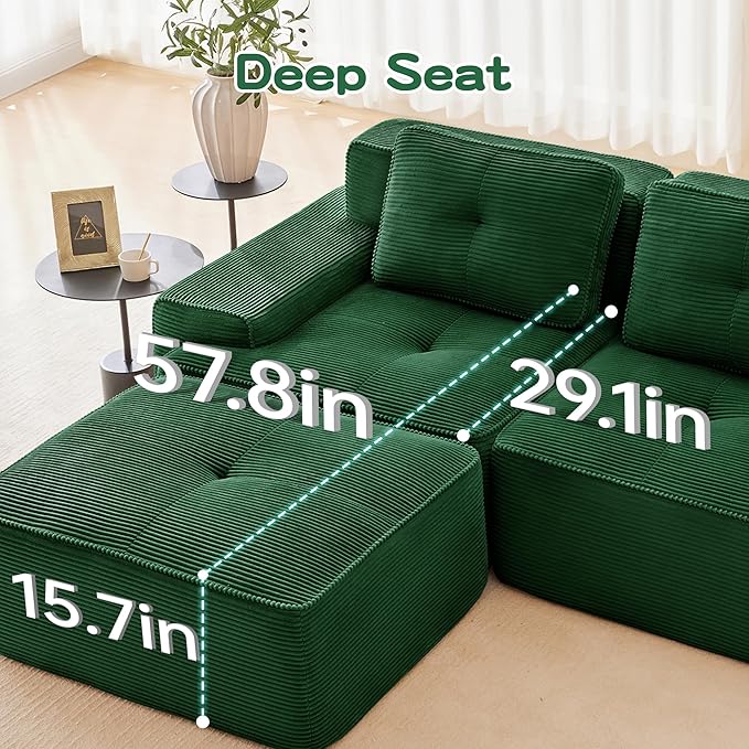 80.3” Green Boneless Couches for Living Room Modular Sectional Sofa with L-Shape Chaise 2 Seater Comfy Upholstered Loveseat Deep Seat Corduroy Fabric Cloud Couch No Assembly Anti-Slip Design