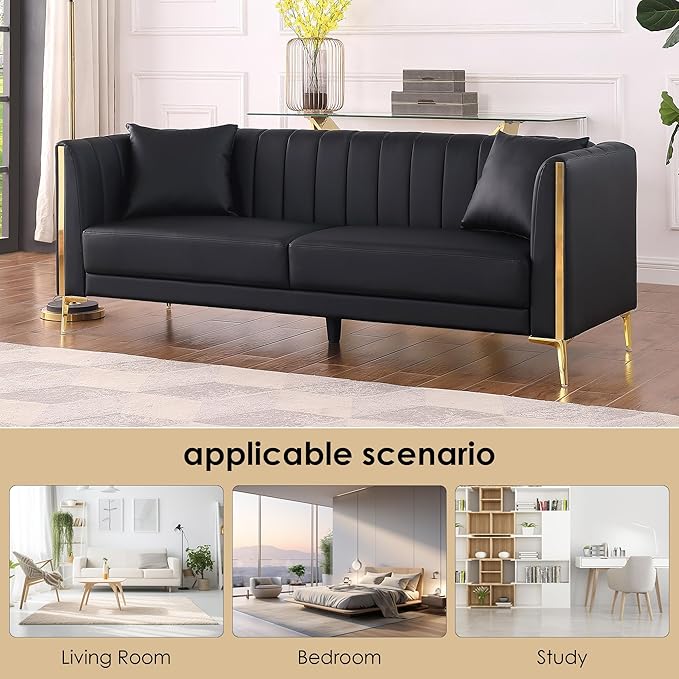 FOTOSOK Black Leather Couch Sofa Office Couches for Living Room 78'' Apartment Faux Leather Sofa with 2 Throw Pillows and Gold Metal Legs Waterproof 3 Seater Couches for Small Living Room