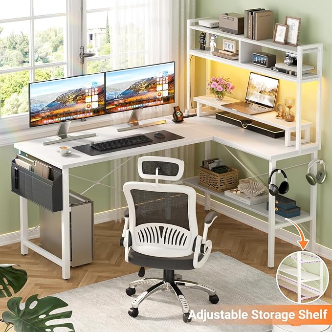 Aheaplus L Shaped Gaming Desk with Power Outlets &amp LED Lights Small L- Shaped Desk Computer Corner Desk with Monitor Stand &amp Storage Shelf Home Office Desk Writing Desk with Storage Bag Whi