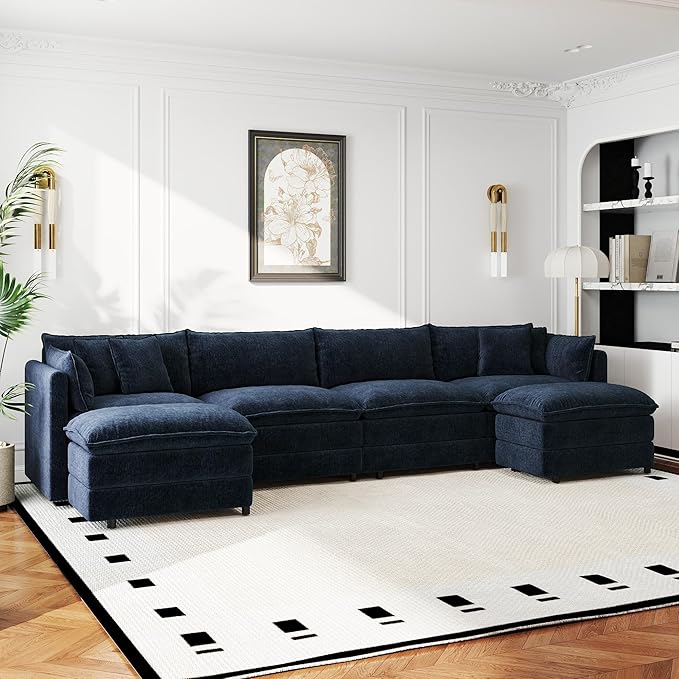 Aoowow Modular Sectional Sofa Modern Convertible U Shaped Couch147.2 Inch Deep 4-Seater Sofas Set Comfy Chenille Cloud Sofas and Couches with Movable Ottoman for Living Room Apartment（Blue）