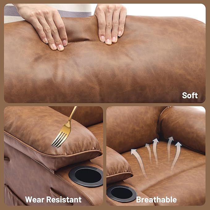 Garvee PU Leather Manual Recliner Chair with Massage and Heat 27 Extra Wide Seat 400 lbs Capacity Thickened Sponge Armrests and Back Cup Holders &amp Side Pocket Living Room or Bedroom Brown