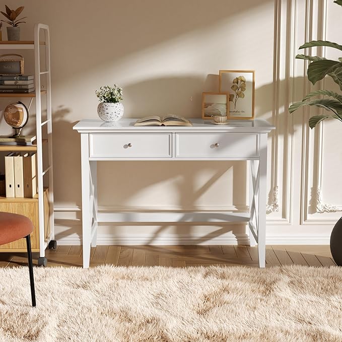 White Computer Desk with 2 Drawers Modern Makeup Vanity Desk with Storage Writing Desk for Home Office 42'' Long Study Simple White Desk for Bedroom Console Table Living Room