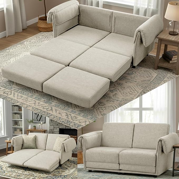 FHFO Loveseat Sleeper Sofa Convertible Couch Bed Loveset Small Couchs for Small Spaces 3 in 1 Pull Out Sofa Bed Modern 65 Comfy Futon Sofa Bed Queen for Living Room Bedroom Apartment (Beige)
