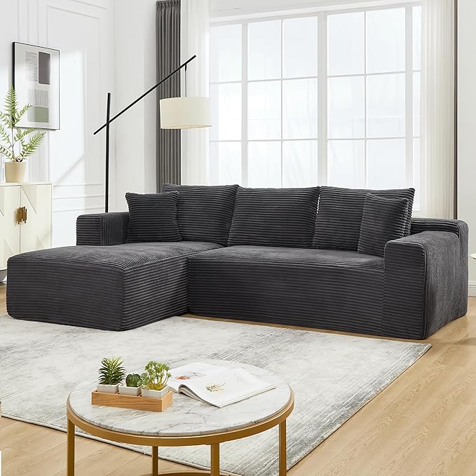 108.7'' Sectional CouchL Shaped CouchPlush Corduroy FabricUpholstered Couches for Living Room BedroomNo Assembly Required(Left Facing Chaise) Grey