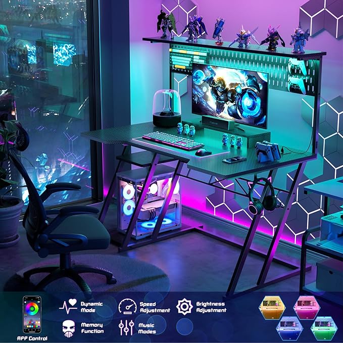Armocity Gaming Computer Desk with Shelves and Outlets Gaming Desk with Hutch and LED Lights Reversible PC Gaming Desks with Pegboard Carbon Fiber Black 47''