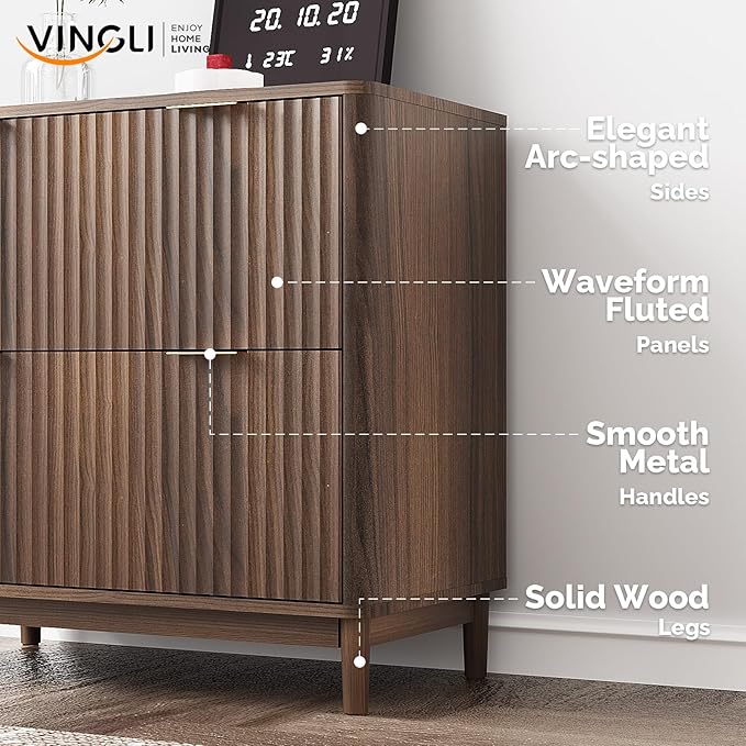 VINGLI 2 Drawer File Cabinet Home Office Filing Organizer for Letter Legal A4 Size File Folder Storage Modern Style Fluted Design Wood Lateral Filing Cabinet Printer Stand Dark Walnut