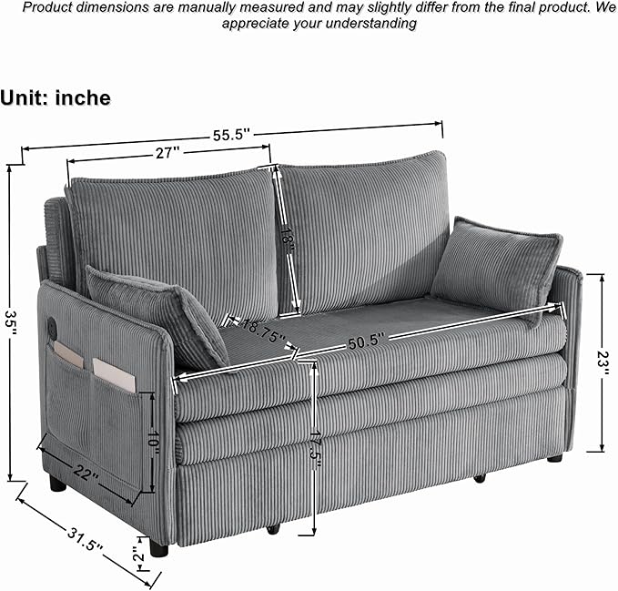 GDFStudio 55 Convertible Sofa Bed 3-in-1 Sofa Bed Couch with Pull Out Design Corduroy Sleeper Sofas with USB Ports &amp Side Pocket Modern Loveseat Sleeper for Living Room Bedroom Small Space Gr