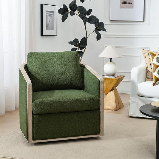 KINWELL 31 W Wood Frame Modern Boucle Swivel Barrel Armchair Mid Century Upholstered Accent Sofa Chair with Pillow Back for Living Room Lounge &amp Bedroom Green