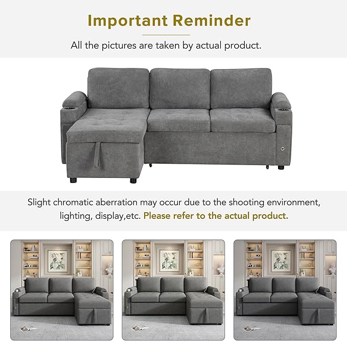 Harper &amp Bright Designs 83.5 L-Shaped Sofa Couch Convertible Sofa Bed Sectional Sofa with Ample Storage Space Two Cup Holders and Two USB Ports for Living Room Gray