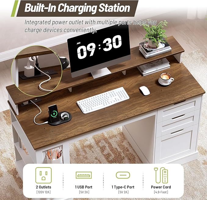 55inch Farmhouse Executive Desk with 2 Drawers and File Cabinet Computer Desk with 3-Tier Storage Shelves Home Office Desk with Charging Station Pegboard and Monitor Shelf White and Walnut