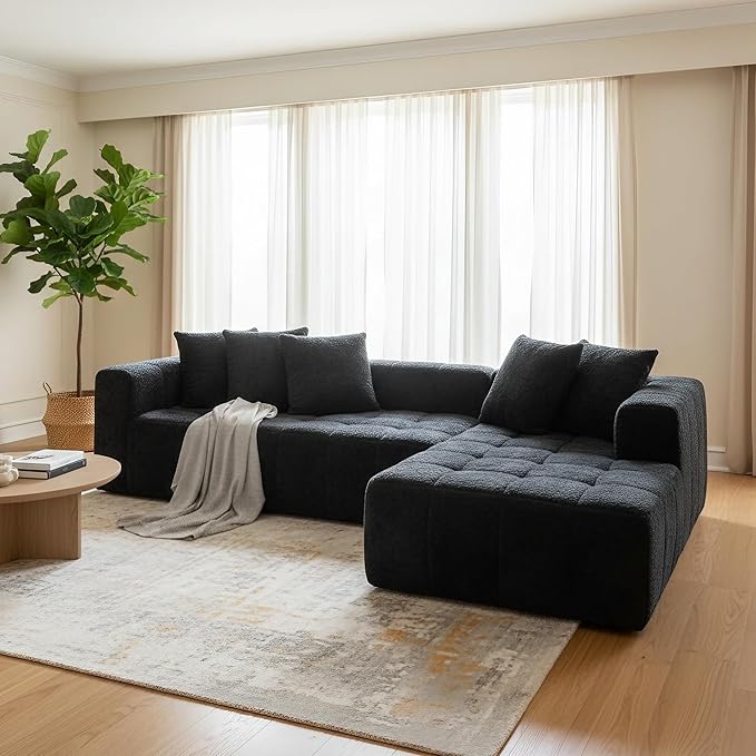 Boneless Sectional Couch L Shaped-108 Inch Black Sherpa Cloud Sectional Sofa for Living Room Modern Couch with Chaise-Deep Seat Floor Couch in a Box-No Assembly | No Assembly Needed 28.7 Deep Seat