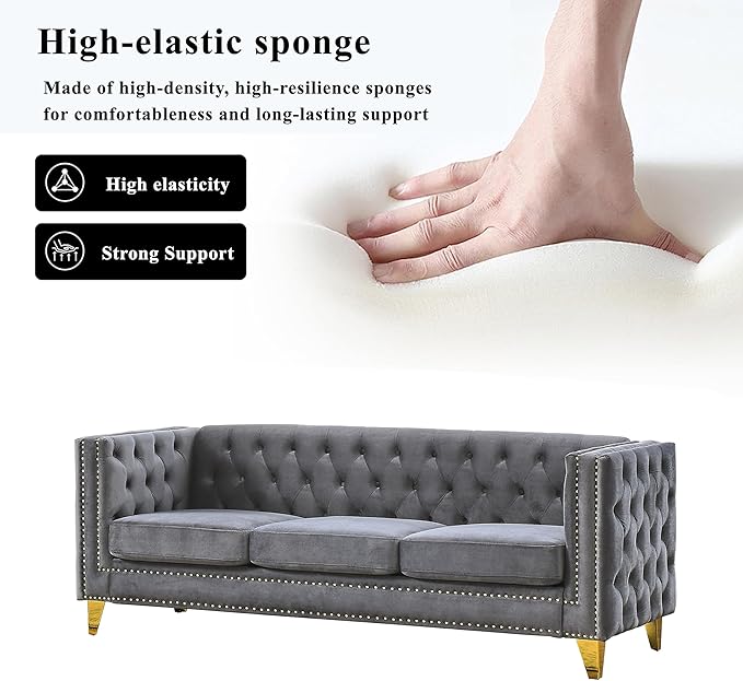 2 Piece Chesterfield Velvet Combination Sofa Set for Living Room3-Seater and Loveseat Sofa Set Tufted Couch with 4 PillowsRolled Arms and Nailhead for Living Room Bedroom Office Grey
