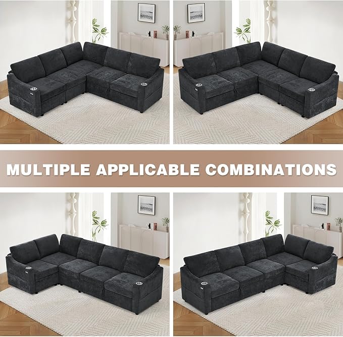 84 Chenille Modular Sleeper Sofa with Adjustable Backrests Convertible Corner Sofa with USB Ports L-Shape Sectional Couch with Pull-Out Bed &amp Storage Space for House Living Room Black