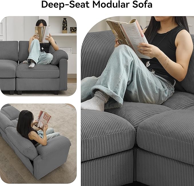 87'' U-Shaped Sectional Sofa with Ottoman 5-Seater Modular Couches for Living Room Corduroy Deep Seat Cloud Sofa with Center Stitched Grey