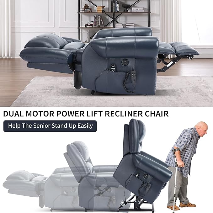 Genuine Leather Power Lift Recliner Chair Lazy Boy Recliner Chair with Charging Ports for Living Room Theater Seating Electric Single Sofa with Round Armrest Blue