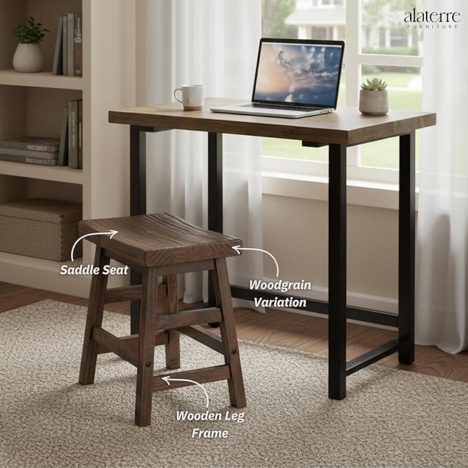 Alaterre Furniture Pomona 20-Inch Counter Height Saddle Seat Barstool – Solid Wood Backless Rustic Farmhouse Stool in Natural Finish for Kitchen Island or Dining Room (Natural)