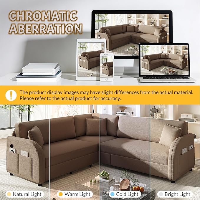 GNIXUU 85.1 L Shaped Couch with Pull Out Bed Convertible Sectional Sleeper Sofa with USB Port &amp Side Pockets 5 Seat Oversized Modular Teddy Cloud Couches for Living Room Apartment Brown
