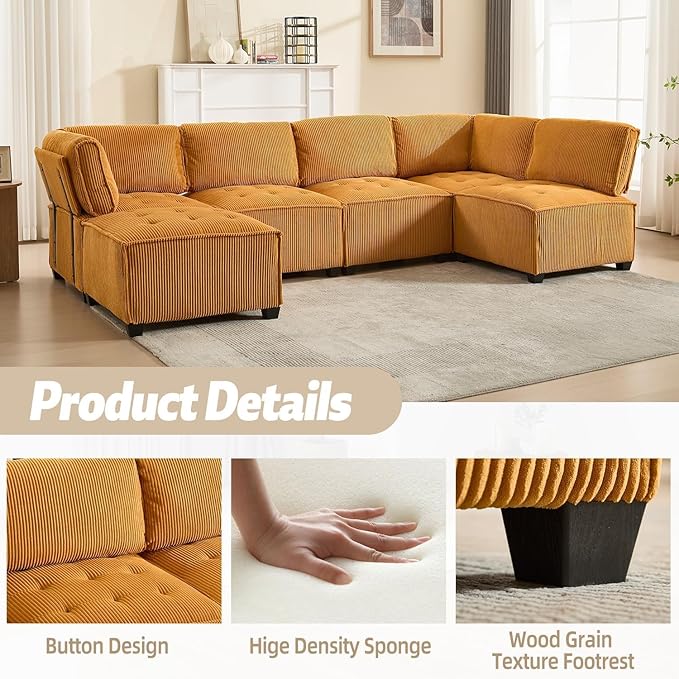 121 Inch Cloud Oversized Modular Sectional Sofa U Shaped Modular Couch with Reversible Chaise Comfy 6 Seat Convertible Sectional Sofa with Ottoman for Living Room Mustard Yellow