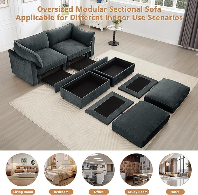 Modular Sectional Sofa with Pull Out Storage Drawers 78.7 Comfy Chenille 2-Seat Sofa with 2 Storage Ottomans Upholstered Deep Loveseat Couch with 2 Armrest Pillows for Living Room Grey