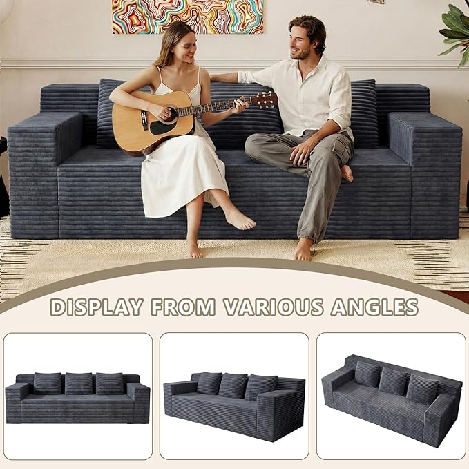 71 Love Seat Couches Corduroy Boneless Loveseat with Deep Seats 2 Seat Couch Apartment Size Couch with 3 Pillows&ampSide Pockets for Bedroom Office No Assembly Required Dark Gray