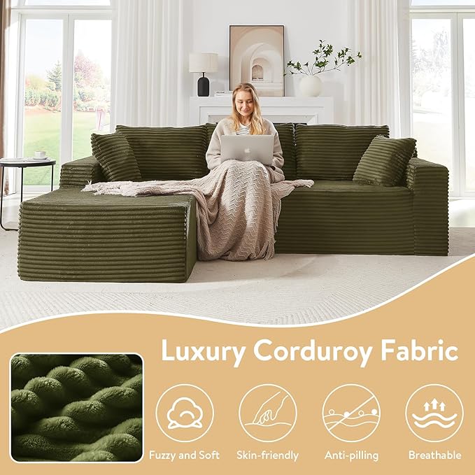 Cloud Sectional Couch with L-Shape Chaise105 Modern Minimalist Modular Sectional Sofa Fluffy Corduroy Upholstered Couches for Living Room No Assembly Required (Green Left Facing Chaise)